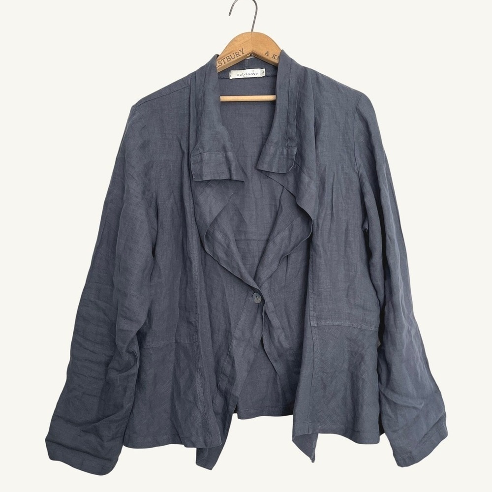 Cut Loose Womens XL Linen Drape Front Jacket Gray Blue Blazer Made in USA